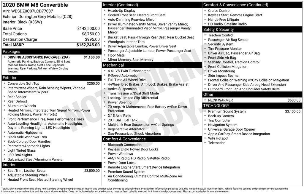 used 2020 BMW M8 car, priced at $59,000