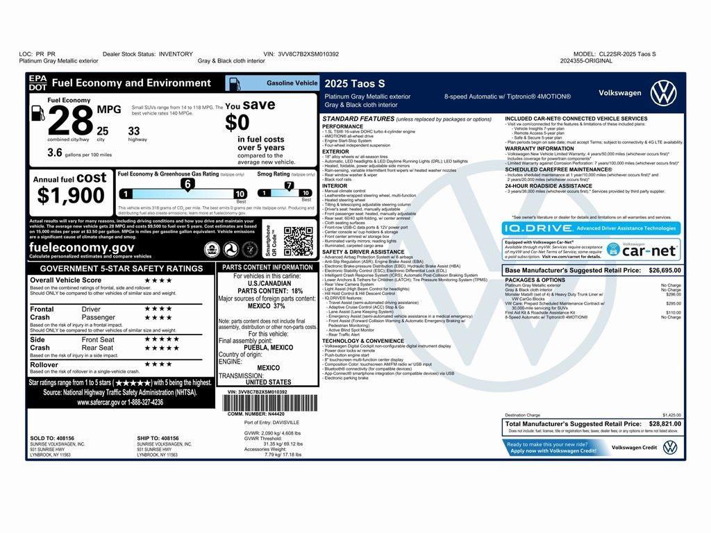 used 2025 Volkswagen Taos car, priced at $20,999