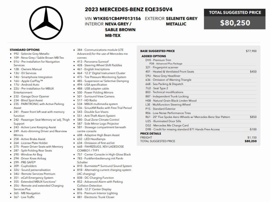 used 2023 Mercedes-Benz EQE 350 car, priced at $29,498