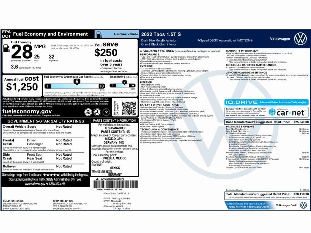 used 2022 Volkswagen Taos car, priced at $15,999