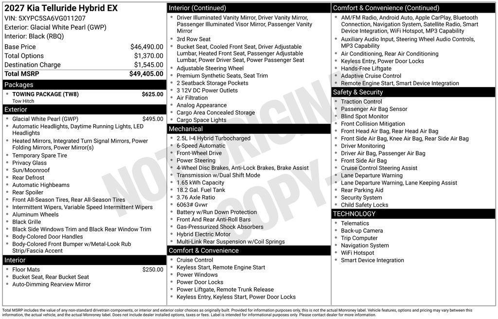 new 2027 Kia Telluride car, priced at $49,405