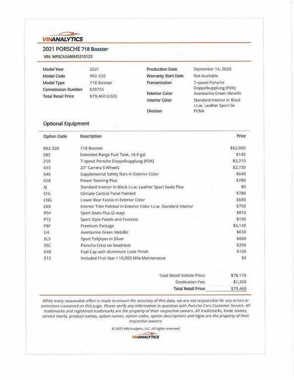 used 2021 Porsche 718 Boxster car, priced at $57,400