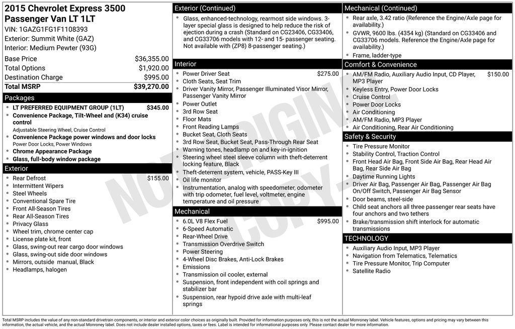 used 2015 Chevrolet Express 3500 car, priced at $18,000