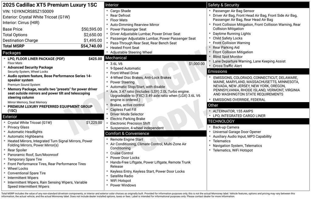 new 2025 Cadillac XT5 car, priced at $53,740