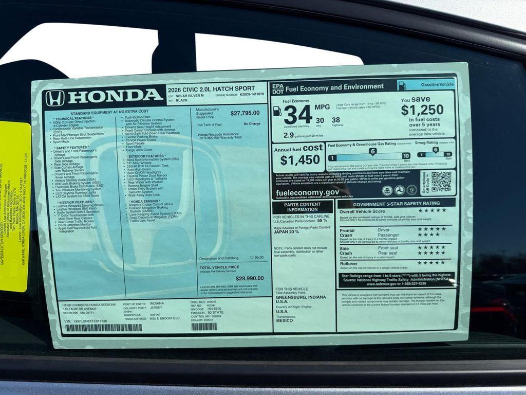 new 2026 Honda Civic car, priced at $28,990