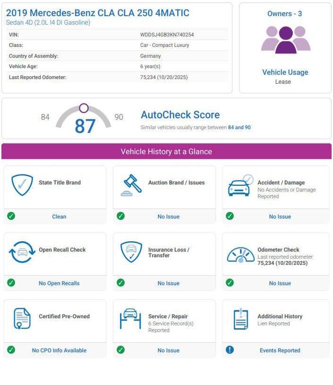 used 2019 Mercedes-Benz CLA 250 car, priced at $18,572