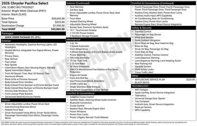 new 2026 Chrysler Pacifica car, priced at $39,514