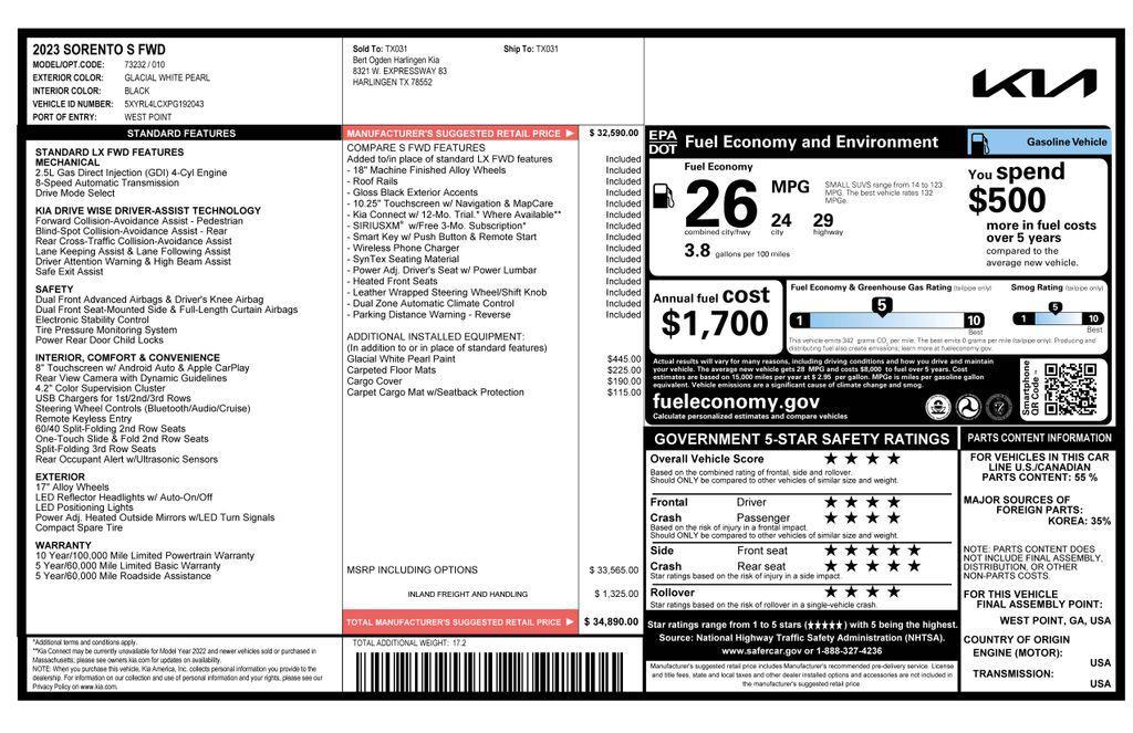 used 2023 Kia Sorento car, priced at $24,373