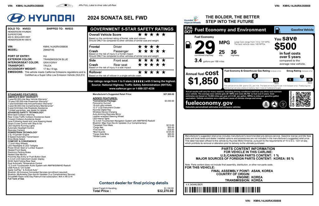 used 2024 Hyundai Sonata car, priced at $24,473