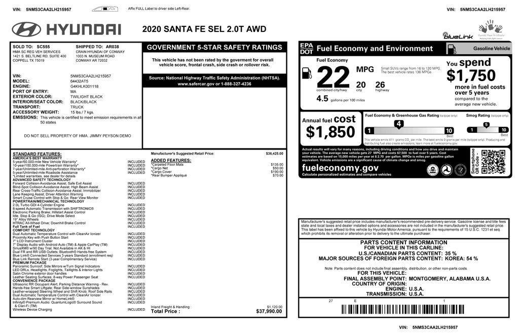 used 2020 Hyundai Santa Fe car, priced at $18,895
