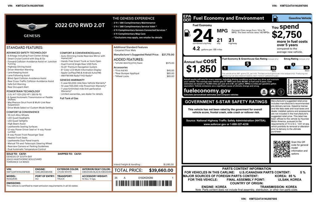 used 2022 Genesis G70 car, priced at $25,075