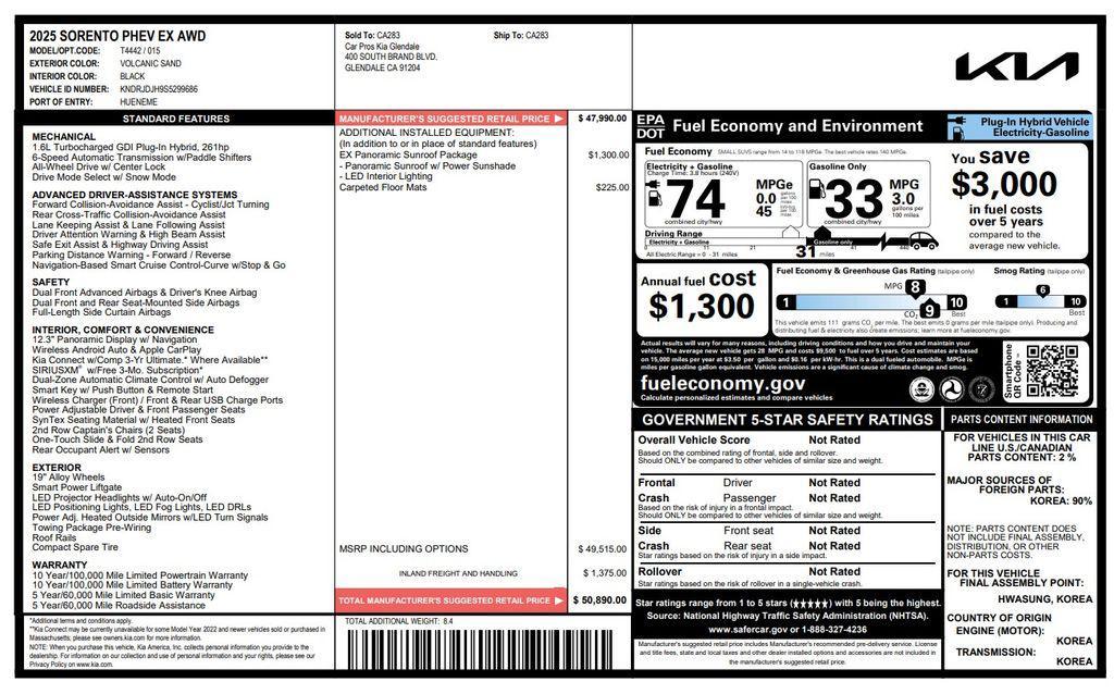 used 2025 Kia Sorento Plug-In Hybrid car, priced at $30,475