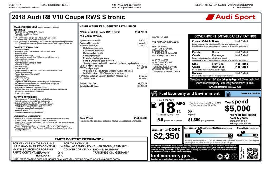 used 2018 Audi R8 car, priced at $125,995