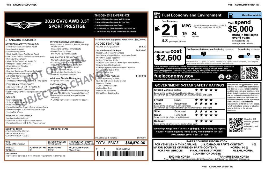 used 2023 Genesis GV70 car, priced at $43,973