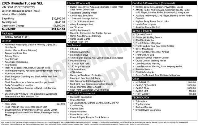 new 2026 Hyundai Tucson car, priced at $29,261