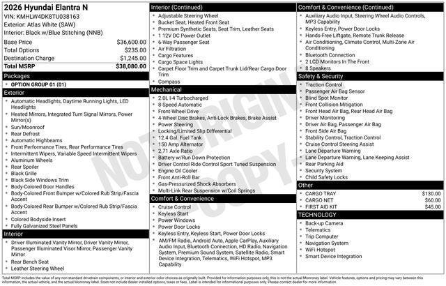 new 2026 Hyundai ELANTRA N car, priced at $37,097