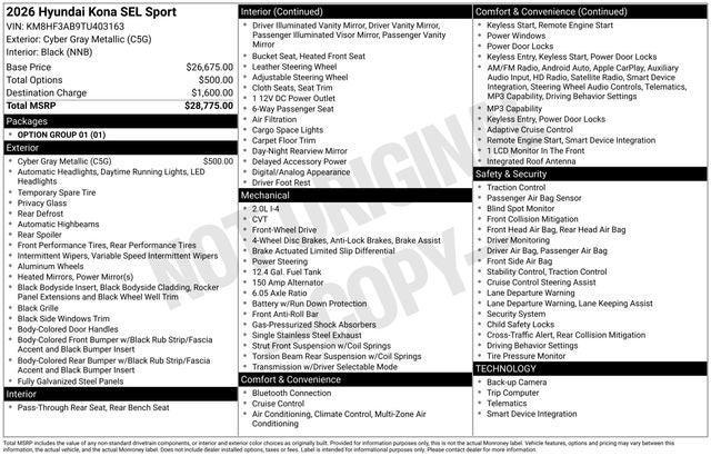 new 2026 Hyundai Kona car, priced at $26,969