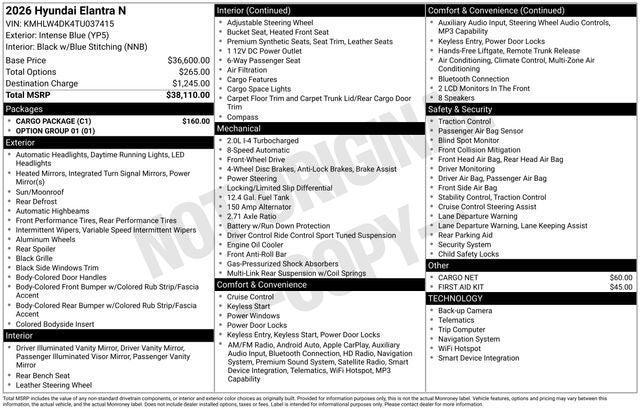 new 2026 Hyundai ELANTRA N car, priced at $37,124