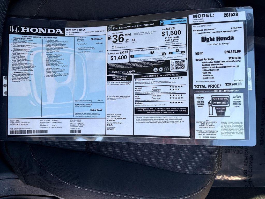 new 2026 Honda Civic car, priced at $25,523