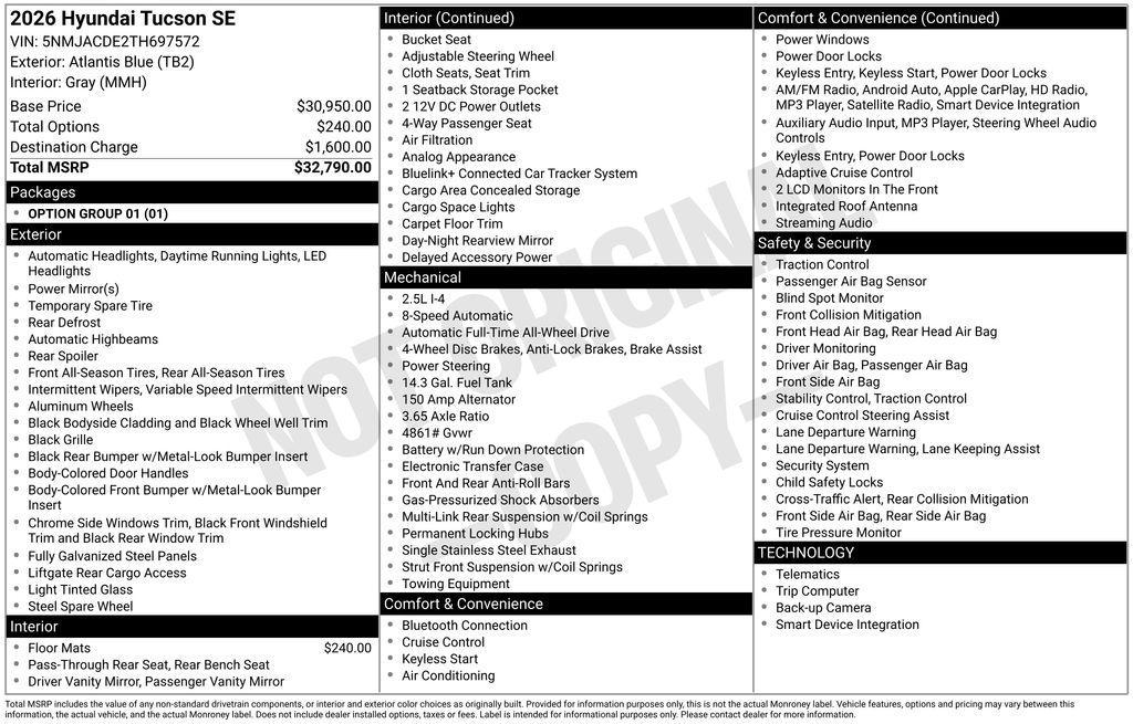 new 2026 Hyundai Tucson car, priced at $29,462
