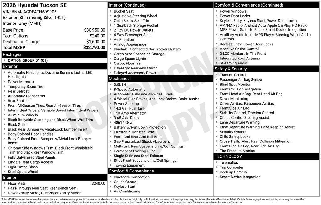 new 2026 Hyundai Tucson car, priced at $29,790