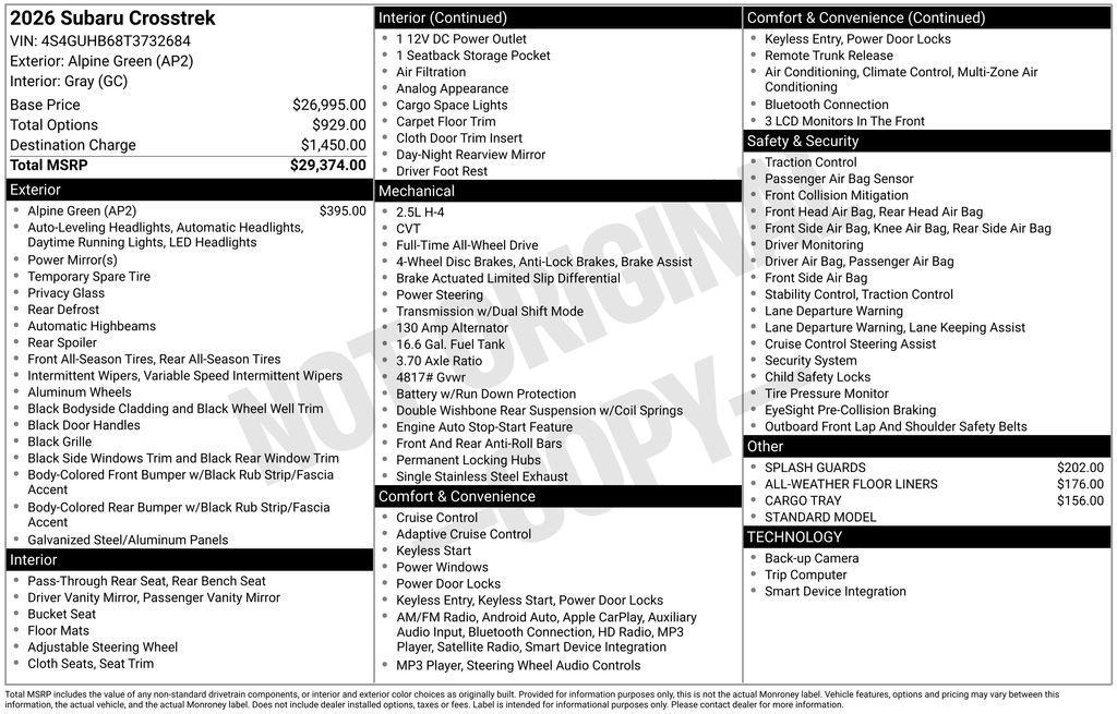 new 2026 Subaru Crosstrek car, priced at $27,905