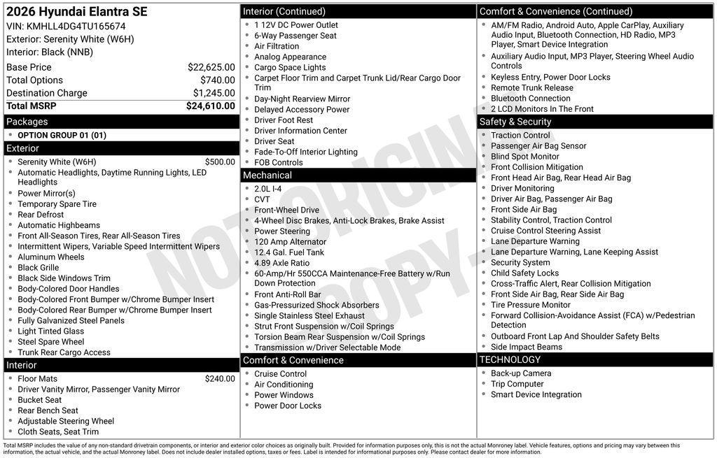 new 2026 Hyundai Elantra car, priced at $22,134