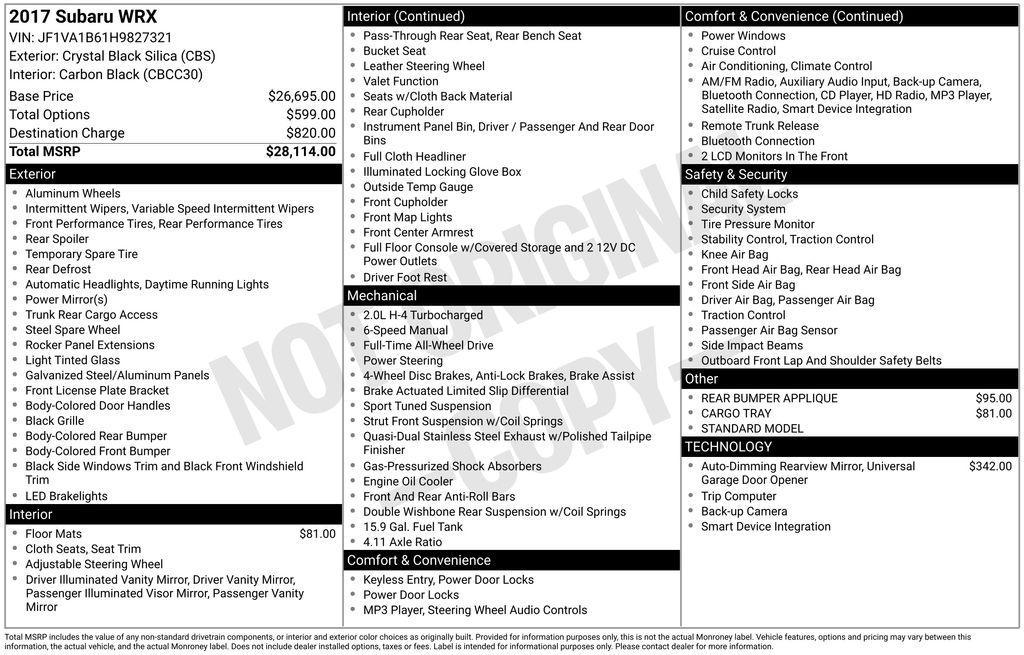 used 2017 Subaru WRX car, priced at $14,551