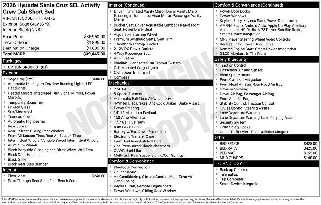new 2026 Hyundai SANTA CRUZ car, priced at $37,597