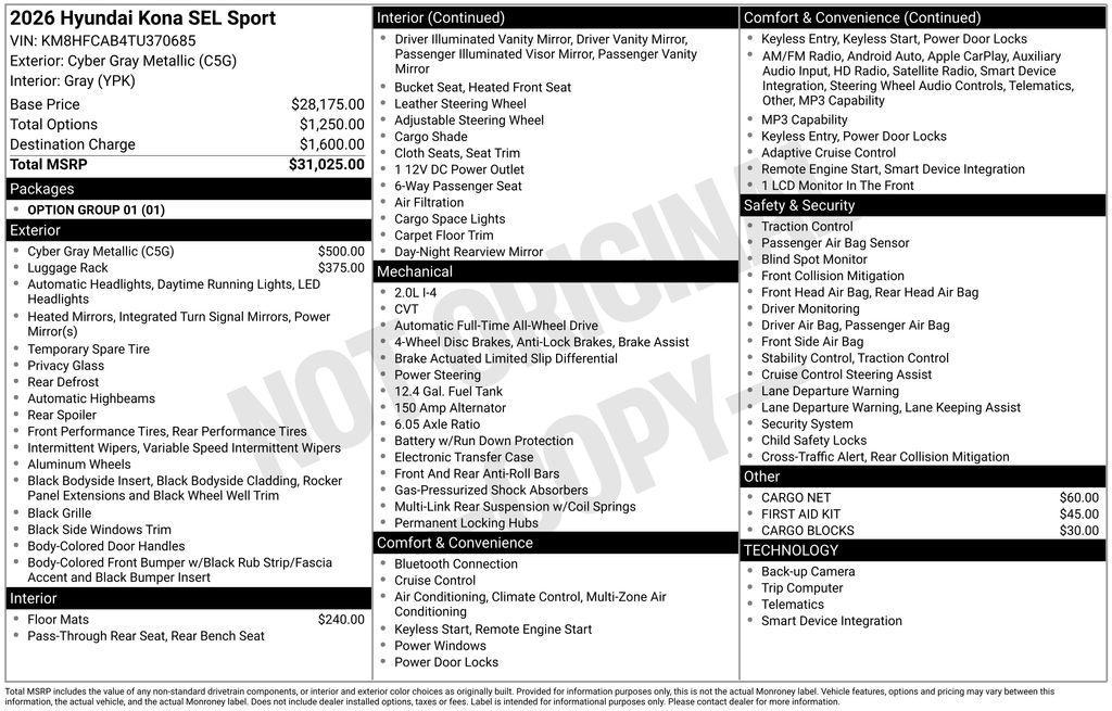 new 2026 Hyundai Kona car, priced at $27,595