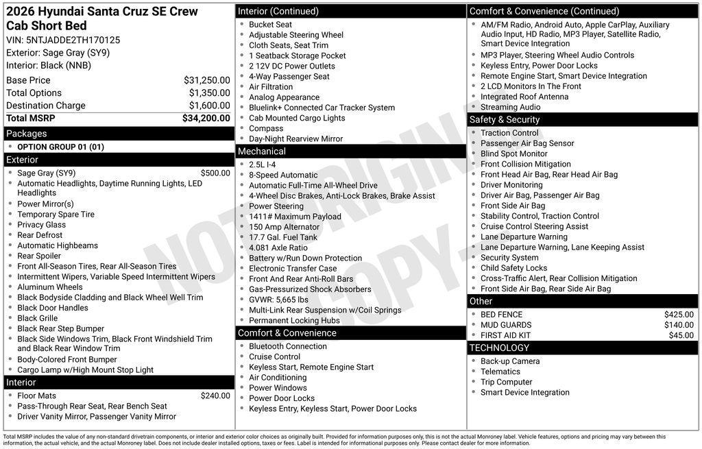 new 2026 Hyundai SANTA CRUZ car, priced at $30,597
