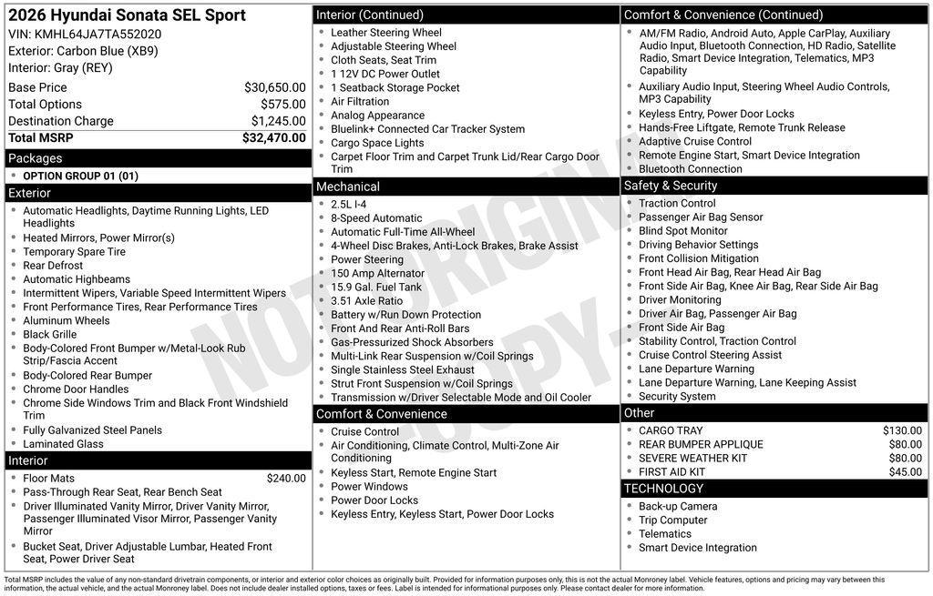 new 2026 Hyundai Sonata car, priced at $29,720