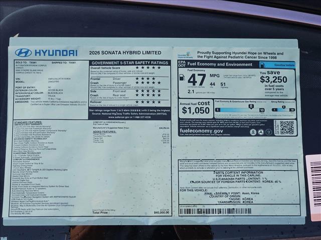 new 2026 Hyundai Sonata Hybrid car, priced at $39,011
