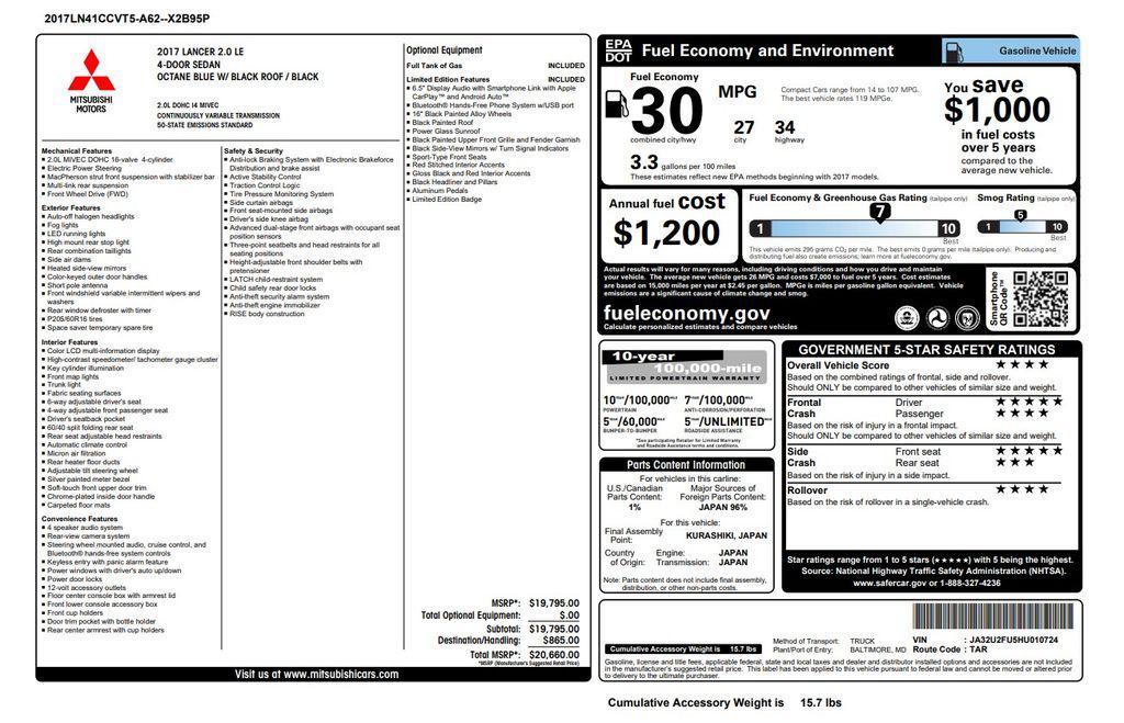used 2017 Mitsubishi Lancer car, priced at $8,900