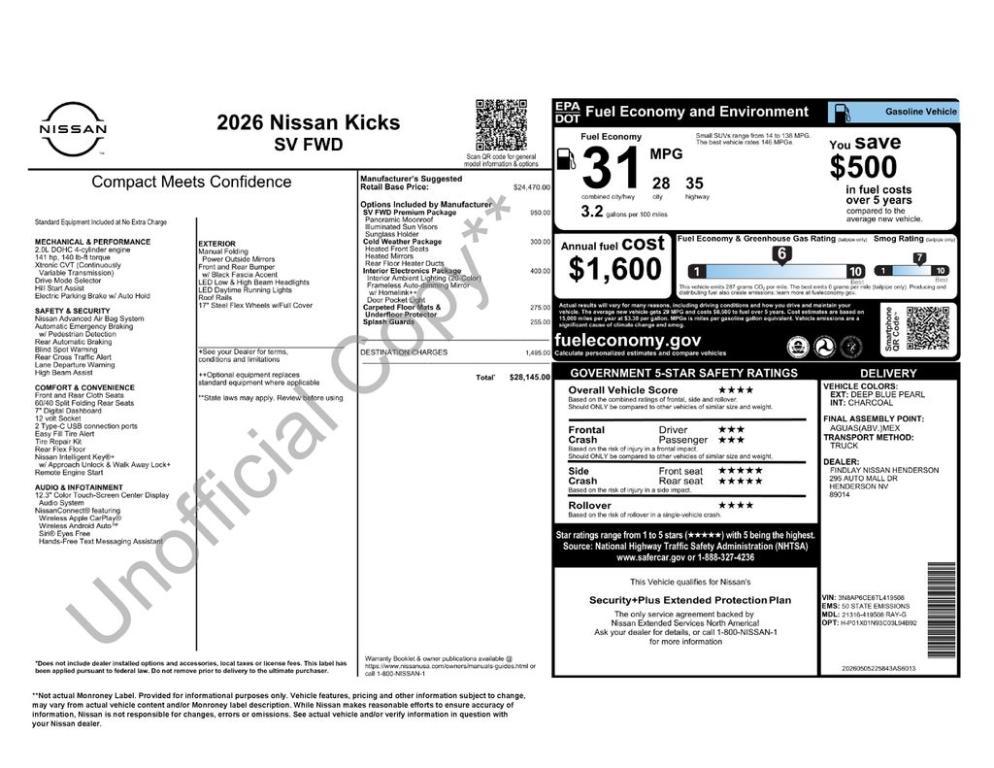 new 2026 Nissan Kicks car, priced at $26,070