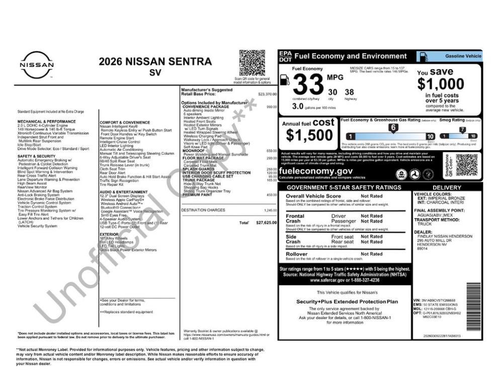 new 2026 Nissan Sentra car, priced at $25,660