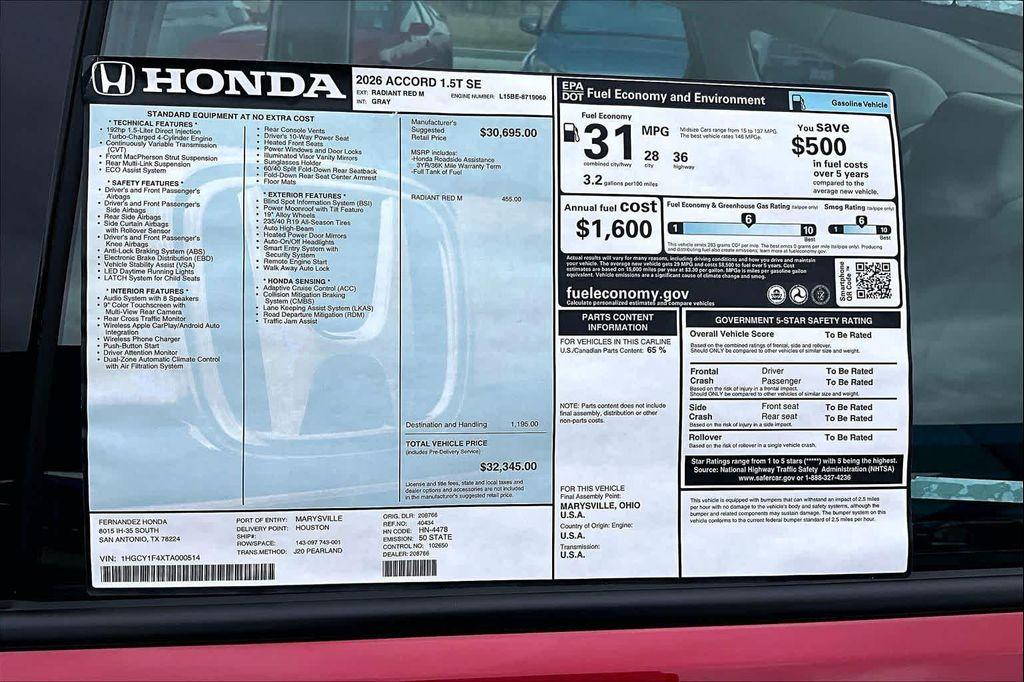 used 2026 Honda Accord car, priced at $30,950