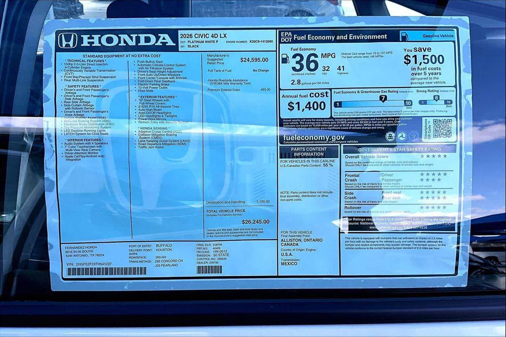 new 2026 Honda Civic car, priced at $26,245