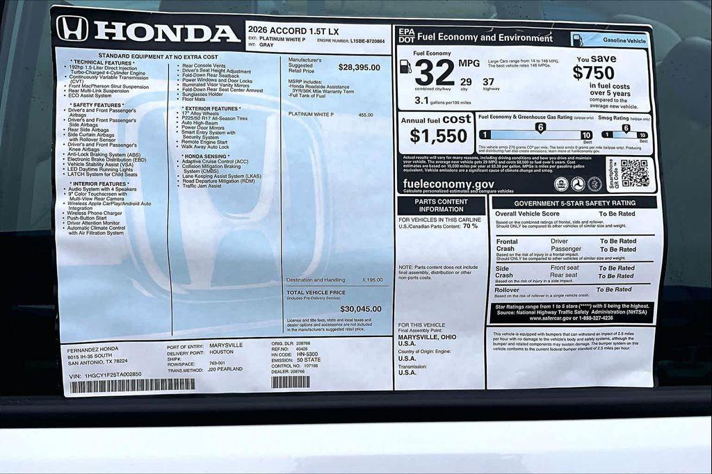 new 2026 Honda Accord car, priced at $30,045