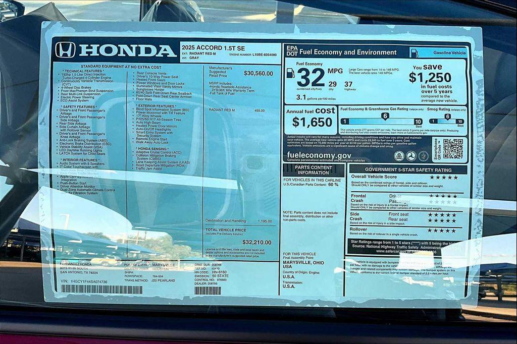 new 2025 Honda Accord car, priced at $30,851