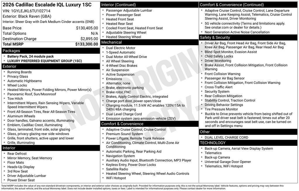 new 2026 Cadillac Escalade IQL car, priced at $133,394