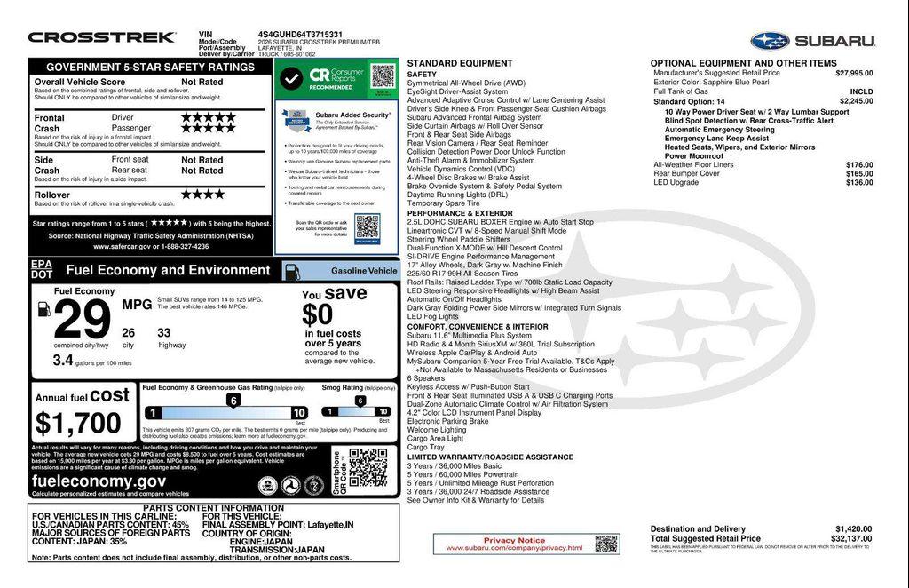 new 2026 Subaru Crosstrek car, priced at $30,744