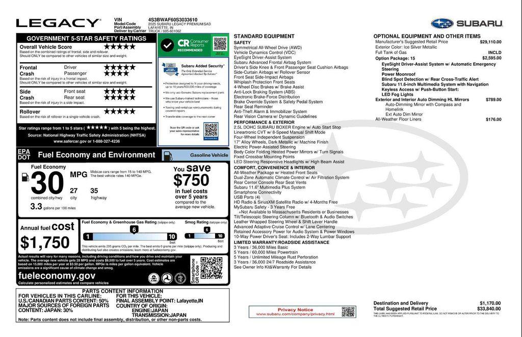 new 2025 Subaru Legacy car, priced at $32,642