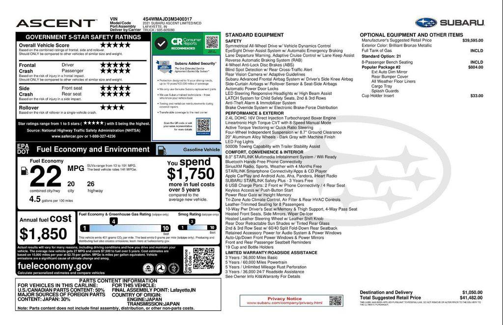 used 2021 Subaru Ascent car, priced at $24,471