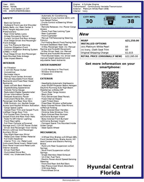 used 2021 Honda Civic car, priced at $15,000