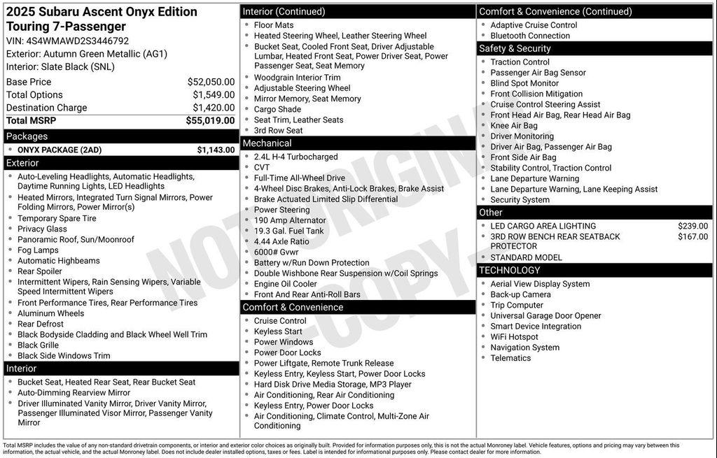 new 2025 Subaru Ascent car, priced at $51,443