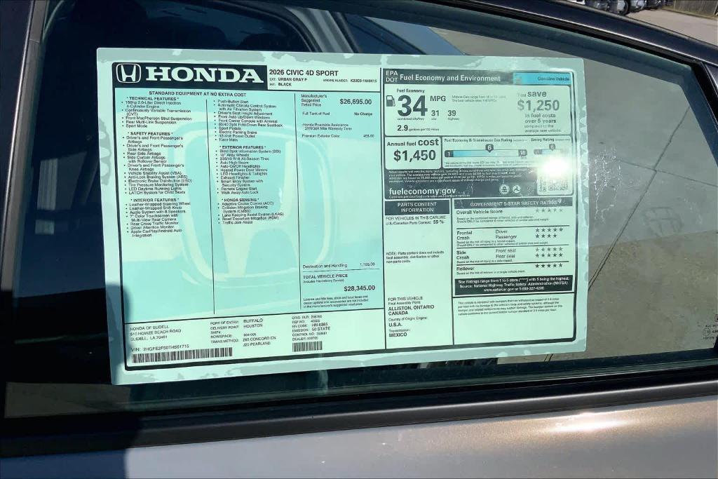 new 2026 Honda Civic car, priced at $28,345