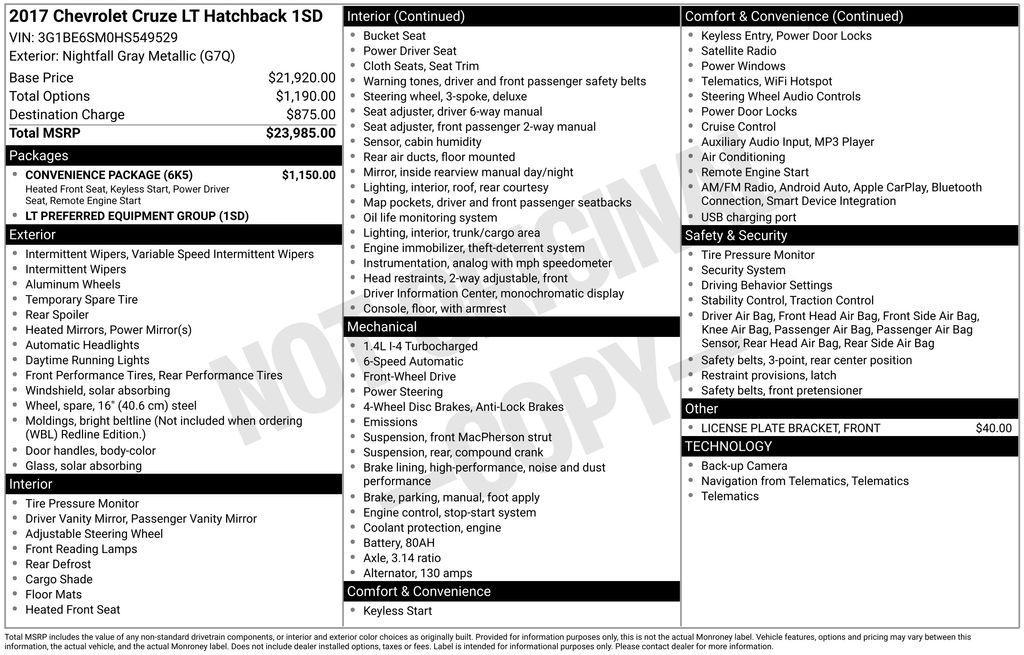 used 2017 Chevrolet Cruze car, priced at $9,502