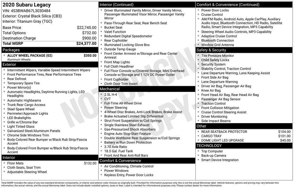 used 2020 Subaru Legacy car, priced at $19,919