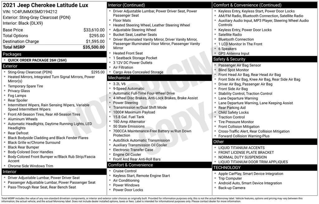 used 2021 Jeep Cherokee car, priced at $18,100